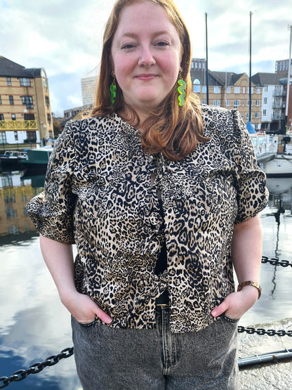 The Maddy Blouse - Tie Front Grey Leopard Print