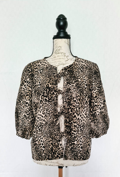 The Maddy Blouse - Tie Front Grey Leopard Print